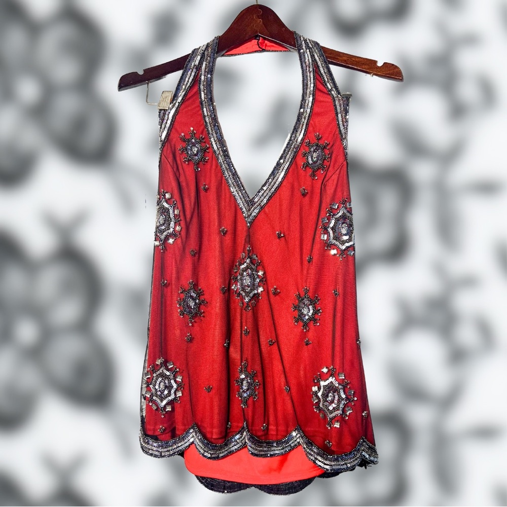 90s Vintage Red Halter Top ⚡️ Sequins ⚡️ Adrianna Papell ⚡️ Lace Overlay - Large